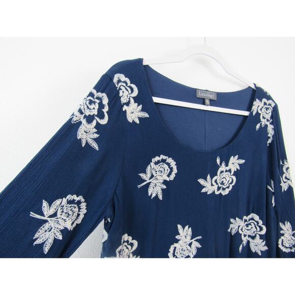 Luxology XL Blue Dress White Embroidered Flowers Scoop Neck Long Bell Sleeves - Picture 4 of 6
